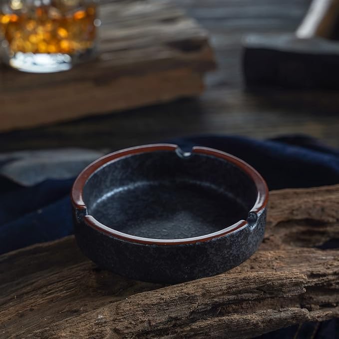 Ceramic Ashtray Stylish Indoor & Outdoor Cigarette Ashtray for Home, Coffee Bars, and Patios，Lava Dazzling Black (Medium Size)