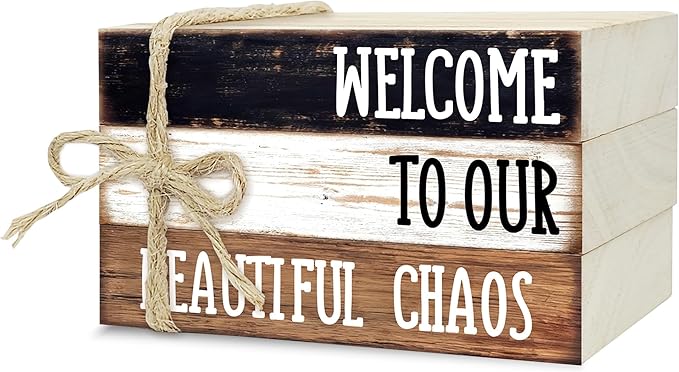 Ycyfckdr Decorative Wood Book Stack for Home, Welcome to Our Beautiful Chaos, Rustic Table and Living Room Bookshelf Farmhouse Decor (L67)