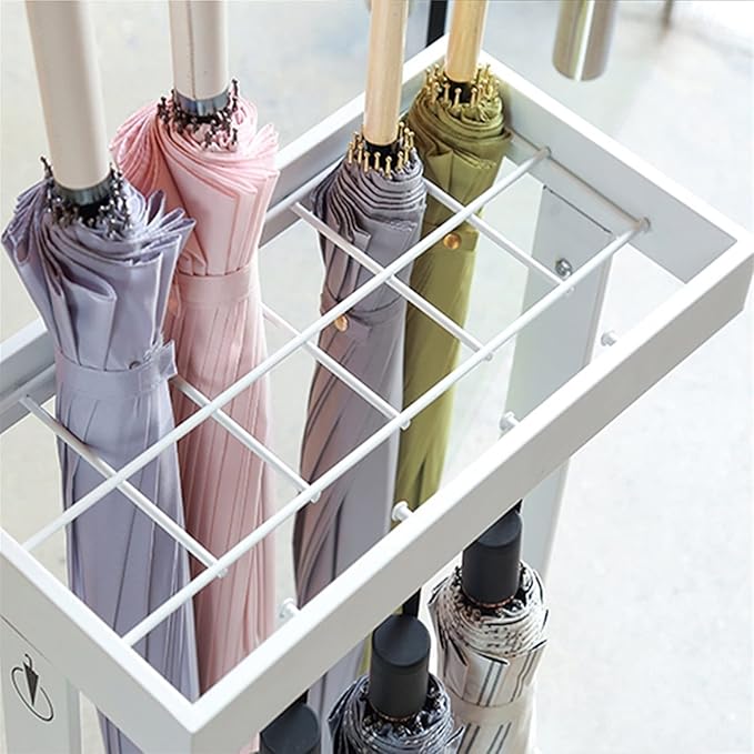 Metal Umbrella Holder Stand with Drip Tray and 4 Hooks White Commercial Grade Umbrella Rack for Storing up to 16 Umbrellas