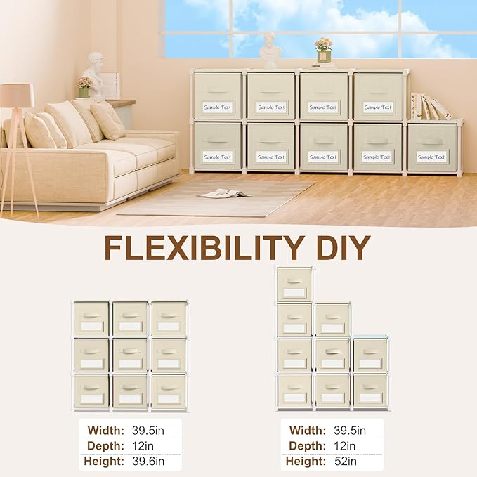Geelin 9 Cube Storage Organizer with Fabric Bins and Labels 11 Inch, Fabric Collapsible Cubby Clothes Storage Drawer Dresser for Bedroom Living Room Office Organization