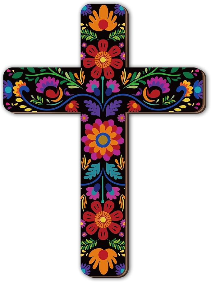 Maitys Floral Cross Wall Decor Hand Painted Decorative Inspirational Wooden Cross Mexican Art Wall Decor Mexican Crucifix for Home Room Church Decoration(Retro Style)