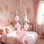 Triple Circles Silk Ribbon Pink Dream Catcher for Girls - Wall Decor for Bedroom, Girl's Room Hanging Decor, Boho Wall Art for Girls Bedroom