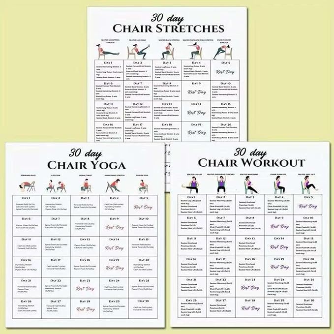 Chair Yoga Program - 30-Day Workout Set | 6-Piece Exercise Kit with Instruction Book, Ideal for Morning Routine Travel Gym Beginners Family Friends Sports Athletes Body Flexibility Strength Building
