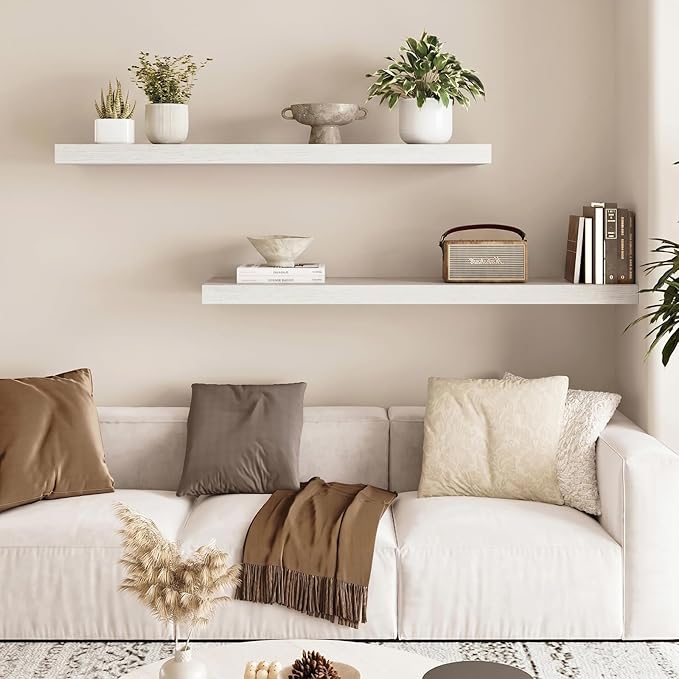 Fixwal Floating Shelves for Wall, 35.4" Long Heavy Duty Wall Mounted Rustic Wood Shelves for Living Room, Bedroom, Bathroom and Kitchen, for Storage, Books, Room Decor (White, Set of 2)