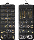 SMRITI Hanging Jewelry Organizer with Dual Zippered Pockets Canvas Double Sided Rotating Hanger Necklace Hanging Wall Organizer Earring Dustproof Holder Wall Mount Accessories Display Bag(Dark Grey)