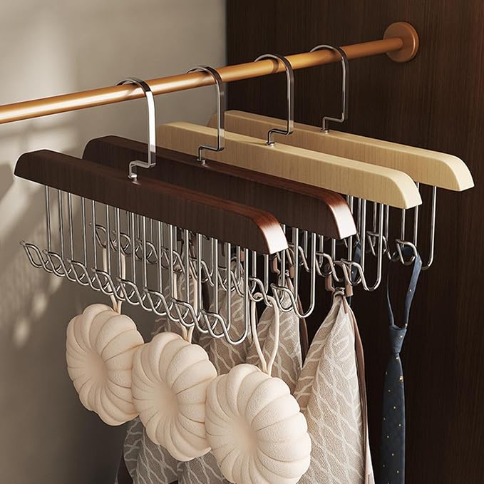 Belt Hanger 2Pcs Belt Hanger with 16 Hooks Bra Hangers for Closet,Space-Saving Wooden Closet Hanger Organizer for Ties, Scarves, Bras,Tank, Tops (1Wood Color 1Brown)