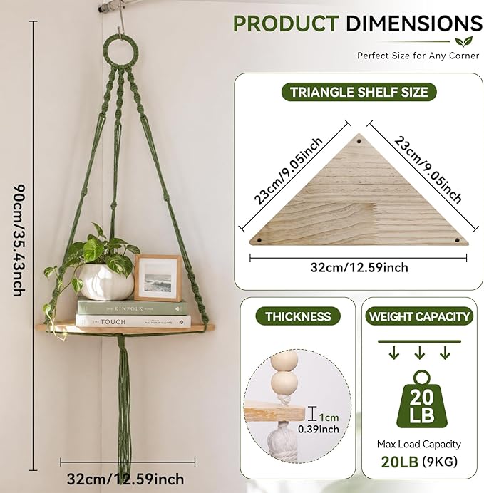 Artilady Macrame Corner Shelf Green Wall Hanging Planter Decor, Adjustable Rustic Floating Shelves Display for Indoor Plants Candle Holder, Bedroom Living Room Boho Wall Art (Sage Green)