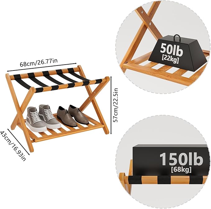 Smuxee Fully Assembled Honey Luggage Rack, Upgraded Bamboo Foldable Suitcase Stand with 5 Nylon Straps, Luggage Holder with Shelf for Guest Room Bedroom Hotel