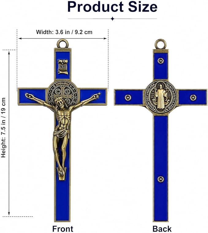 TALPGOD St Benedict Crucifix Gold Blue 7.2 Inch,Crucifix Wall Cross for Catholic Decor,Jesus Christ Hanging Cross Wall Art Decor,Escapularios Catolicos,Saint Benedict Medal for Home Decoration