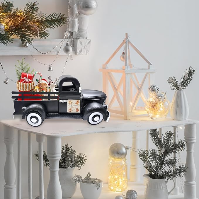 13.4 Inch Farmhouse Vintage Truck Decor with 20 Magnets Rustic Home Sweet Home Table Centerpieces Interchangeable Seasonal Holiday Decor Large Metal Pickup Truck Spring Garden Planter, Black