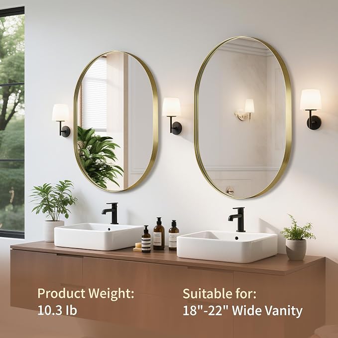 Gold Oval Mirror, 17"x30" Oval Bathroom Mirror, Brushed Gold Mirror with Aluminium Alloy Frame, Anti-Rust, Tempered Glass