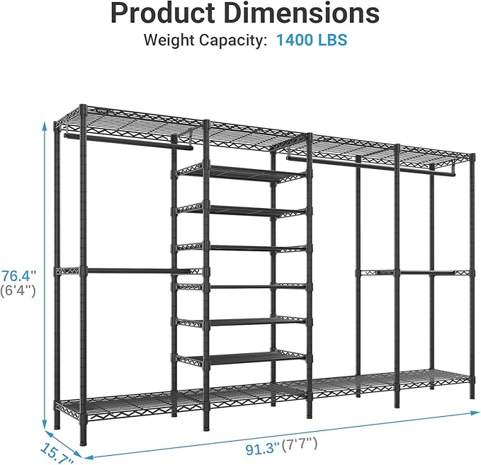 VIPEK S4 Heavy Duty Clothes Rack with Shoe Shelves Freestanding Clothing Rack with 6-Tier Shoe Rack, 4 Hanging Rod, Adjustable Shelf, Walk in Closet Organizer Garment Rack, Black