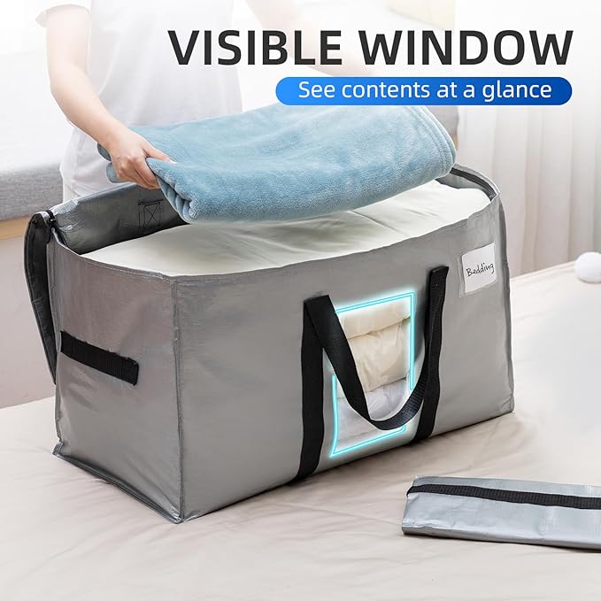 TAILI Extra Large Moving Bags, 10 Pack Silver Heavy Duty Totes for Storage with Visible Window, Wrap Around Handles, Storage Bags for Space Saving, Alternative to Moving Boxes