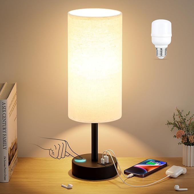 Dicoool Beige Touch Lamp for Bedroom with USB - 3 Way Dimmable Table Lamp for Nightstand, Small Lamp with Black Charging Station for Desk Dorm, Office, Nursery