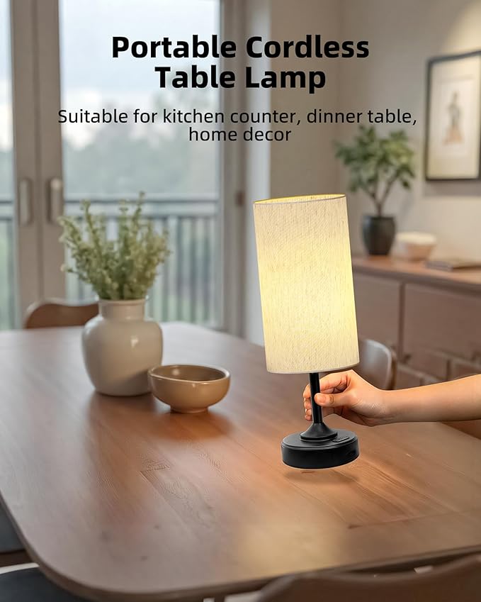 Battery Operated Lamp, Dimmable, Ambient Light, 2700K, Timer, Touch Control, Portable, LED, Wireless, Rechargeable, Cordless, Desk Lamp, Kitchen Lamp, Fabric Shade, for Bedroom, Living Room, Dorm