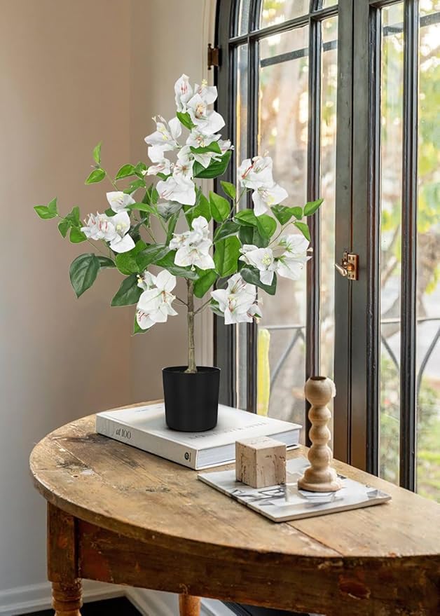 Fake Plants Bougainvillea Artificial Flowers, Fake Flowers Faux Trees Indoor 25.5", White Flowers Artificial Bougainvillea Trees for Home, Living Room, Bedroom, Kitchen, Dining Room Table Decor