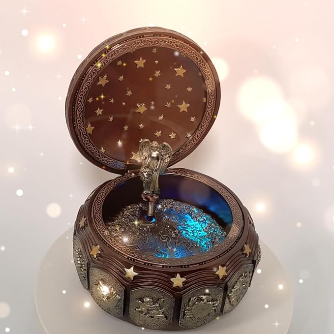 Briskfeel Vintage Music Box with Constellations Rotating Goddess LED Lights Twinkling Resin Carved Mechanism Musical Box with Sankyo 18-Note Wind Up Signs of The Zodiac Gift for Birthday (A1 Vintage)