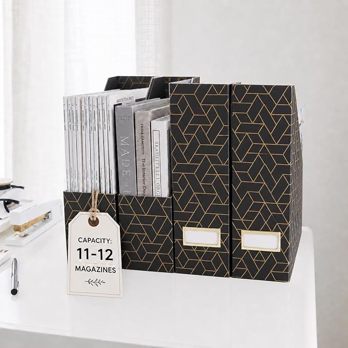 BLU MONACO | Set of 4 Black & Gold Geometric Magazine File Holders with Gold Label Holders | Stylish Vertical File Organizer Boxes for Desk, Bookshelf & Office Storage
