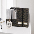 BLU MONACO | Set of 4 Black & Gold Geometric Magazine File Holders with Gold Label Holders | Stylish Vertical File Organizer Boxes for Desk, Bookshelf & Office Storage