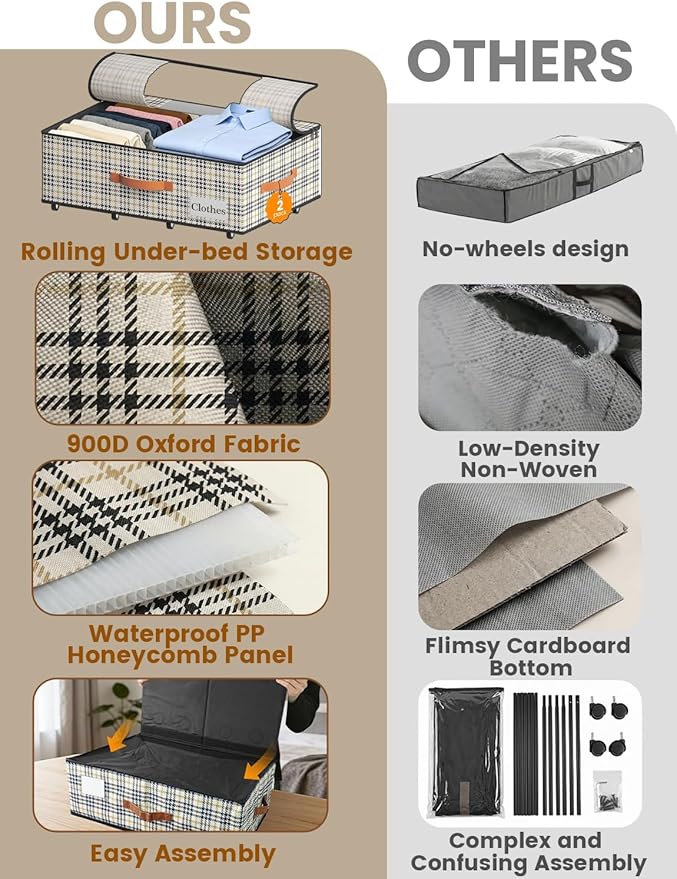 2-Pack Under Bed Storage with Wheels and 6 Vacuum Seal Bags, Adjustable Height 7.9"-10.2",Heavy Duty Capacity, Clear Lid Organizer for Dorm Bedroom Clothes Shoes Books,Quick Assembly Space Saver