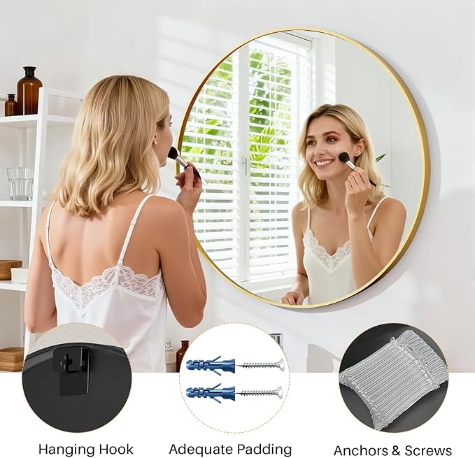 Bathroom Mirror for Wall, 30 Inch Round Mirror, Matte Gold Metal Framed Circle Vanity Mirror for Bathroom Bedroom Living Room Entryway, Anti-Rust, Tempered Glass, Hanging or Leaning