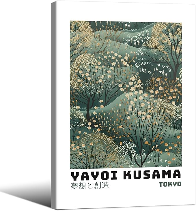Yayoi Kusama Inspired Poster Japanese Botanical Wall Art Abstract Yayoi Kusama Print Modern Ukiyo-e Japanese Gallery Wall Decor 24x36in Framed for Home Bedroom Decorations