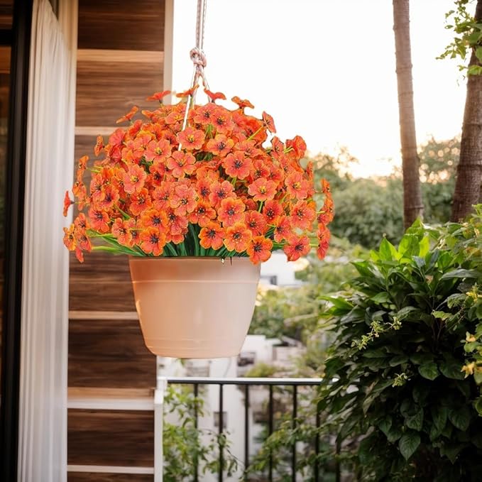 12Pcs UV Resistant Artificial Flowers Artificial Violet Outdoor Decor Realistic Faux Plants Silk Flowers No Fade for Patio Hanging Baskets Garden Pots Farmhouse Yard (Orange)