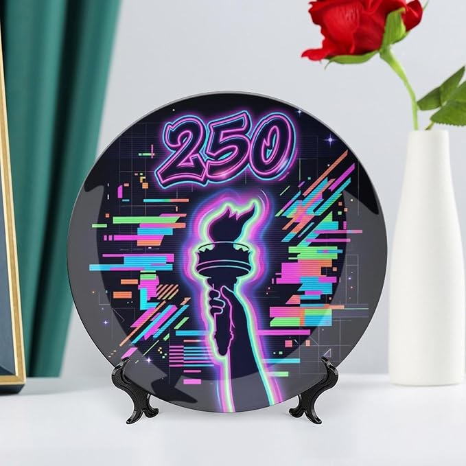 250th Anniversary Decorative Plates 10 Inch Patriotic Decorations Liberty Neon Glitch Commemorative Plates with Stand Memorial Day 4th of July Veterans Day Home & Office