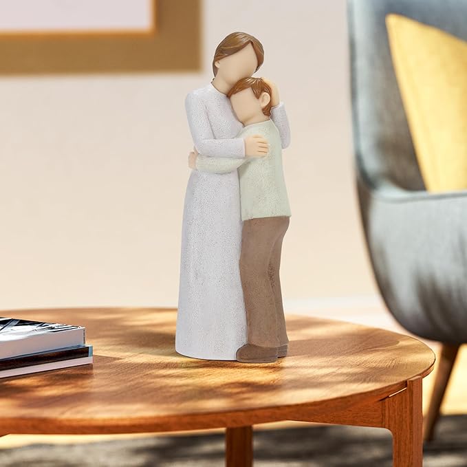 Mother Son Embrace Sculpture, Hand-Painted Mom & Son Figurine for Cherishing Maternal Bond, Memorial & Gifting on Mother's Day/Birthday/Christmas