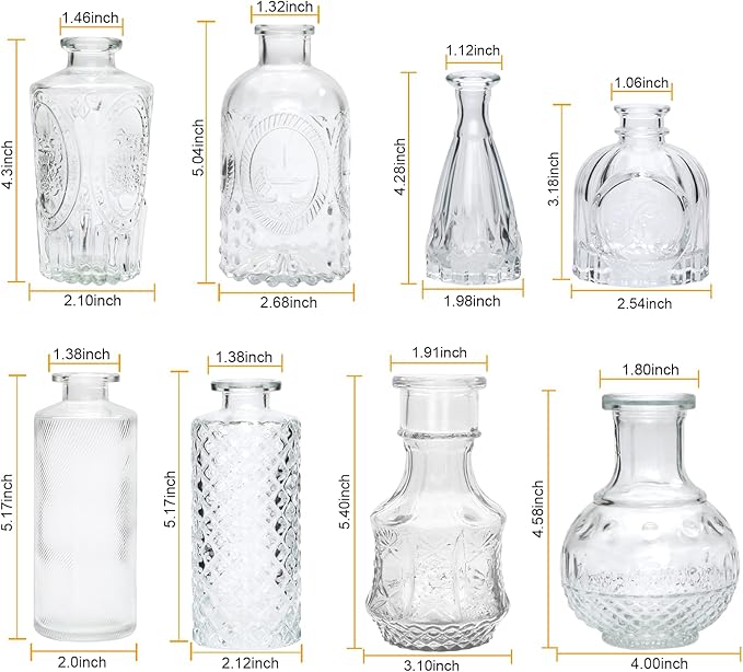 Brajttt Clear Flower Vase Set, Glass Bud Vase in Bulk Set of 8,Artistic and Cultural Flavor Mini Vases for Home Office Decor, Bedroom, Office, Living Room Decorations,Wedding