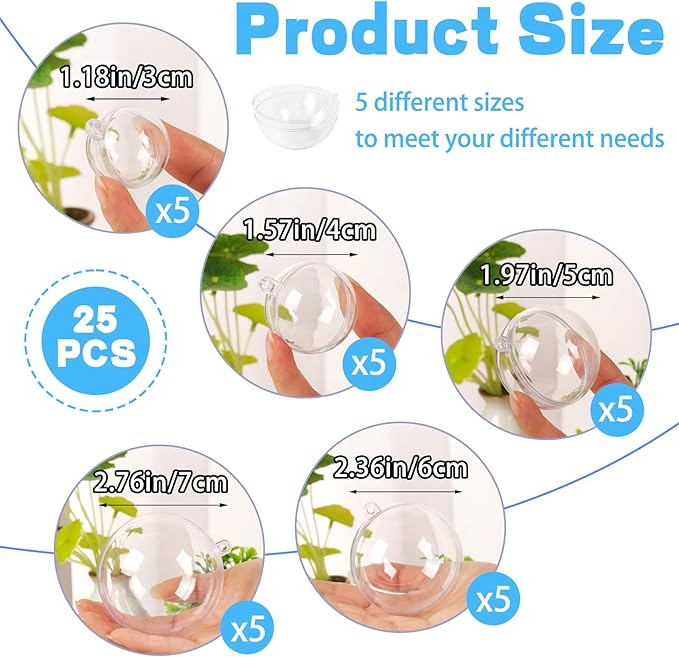 25 Set 50PCS Clear Plastic Fillable Ornaments,Transparent DIY Craft Ball,Clear DIY Christmas Ornament 5 Different Sizes for Wedding,Party,Home Decor