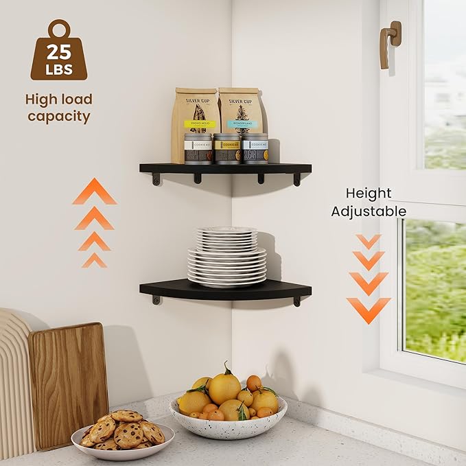 Fun Memories Corner Shelf Wall Mount, Solid Oak Wood Floating Corner Shelves with Cable Hole, 8.5in Rustic Design for Bedroom, Bathroom, Kitchen, Living Room (Black, 1 Pack)