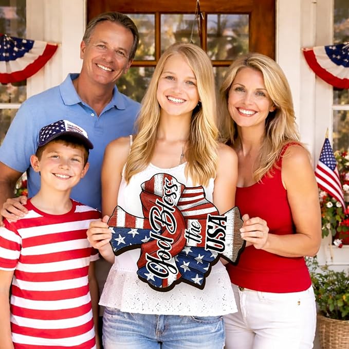 Wooden 4th of July Decorations Patriotic Cross Wreath Independence Day Decorations Front Door with god Bless America Sign Welcome Memorial Day Hanging for Home Wall Decor Outdoor Indoor