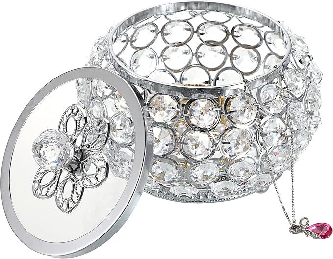 Hipiwe Crystal Jewelry Trinket Box with Glass Lid Silver Mirrored Treasure Box Decorative Jewelry Box Ring Earrings Necklace Storage Keepsake Box Gift for Women