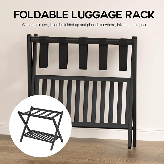 Luggage Racks Set Of 2 Suitcase Stand Foldable With Storage Shelf For Guest Room Hotel Essentials Solid Bamboo Heavy-Duty Item Holder Black