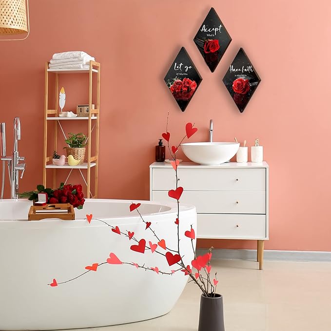 3 Pcs Red Rose Bathroom Wall Decor Flower Red Decor Inspirational Wooden Wall Art Office Wall Decor with Accept Let Go Have Faith Sign for Girl Women Bathroom Living Room Bedroom(12 x 7 Inch)