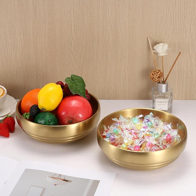 7.4" Gold Decorative Bowl - 2 Packs Key Bowls for Entryway Table Catchall Vintage Round Key Holder Bowl for Candy Fruit, Home Decor