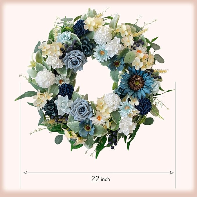 22" Spring Flower Wreath for Front Door Summer Wreaths with Sunflowers Roses Gardenias, Artificial Floral Green Foliage Wreath for Wall Window Farmhouse Party Holiday Home Decor（White Blue）