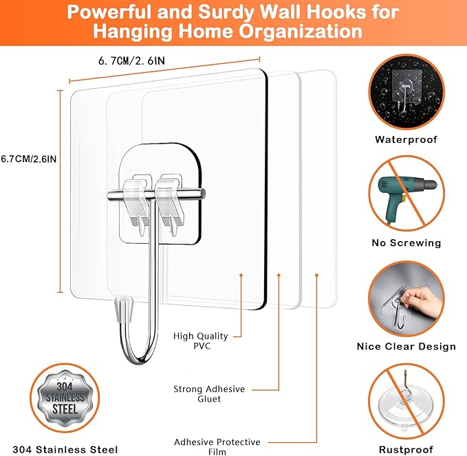 Wreath Hangers for Front Door, 20 Pack Large Wreath Door Hanger for Heavy Duty Easter Christmas Halloween Decorations, Clear Over-The-Door-Hooks Organizer, Adhesive-Wall-Hooks for Wreath Home Decor