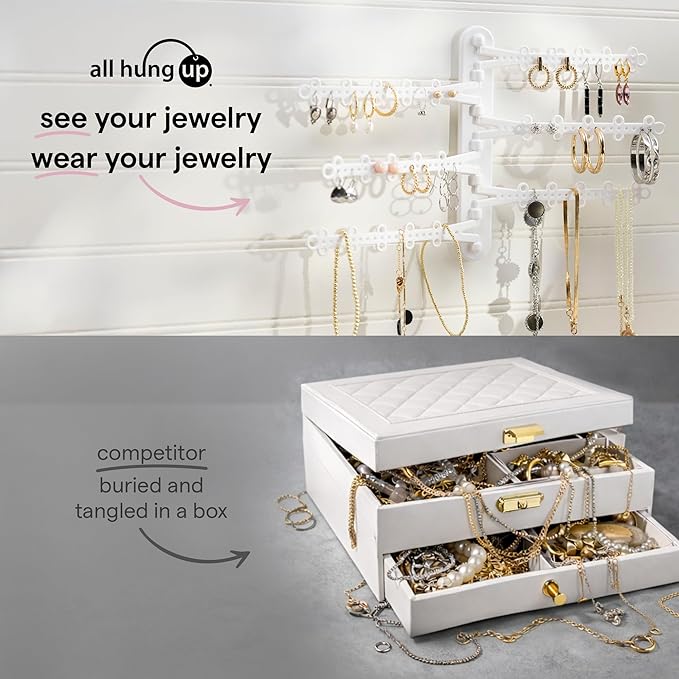 6-Tier 6" Wall Jewelry Organizer, Command Strips included for Easy Hanging, 120 Hole Earring Organizer, Necklace Organizer, Bracelet Holder, Ring Holder, Rotating Branches (White 6-TIer)