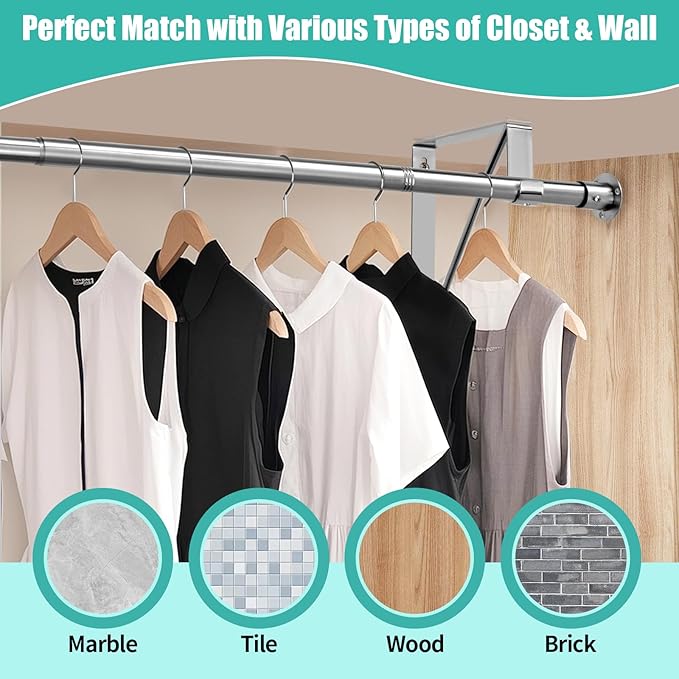 Closet Rod, 16 to 87 Inch Closet Rods Heavy Duty Adjustable Wardrobe Poles for Hanging Clothes and Heavy Duty Bracket Closet Pole Support (The Shelf NOT Included)(Silver)