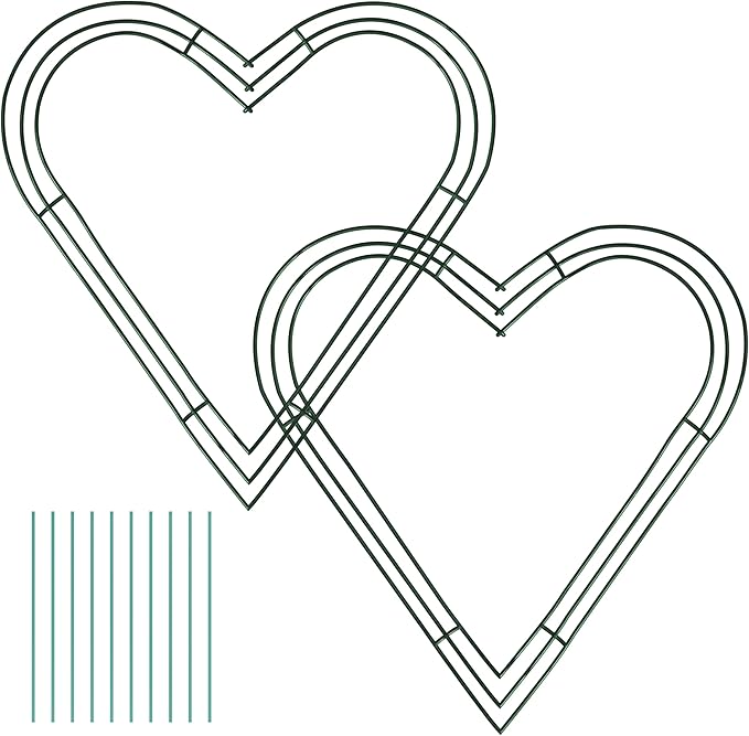 2-Pack 12 Inch Heart Shaped Wire Wreath Frame – Heart Metal Wreath Form with Ring Design, DIY Crafts, and Home Decor – Dark Green Wire Frame for Christmas Holiday & Weddings