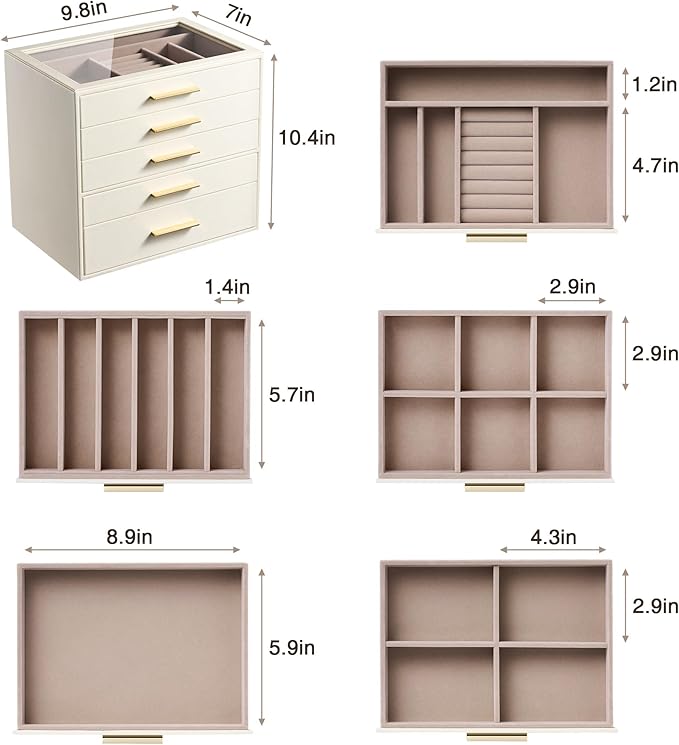 pickpiff Jewelry Box Organizer Case for Women: 5-Layer Jewelry Storage Case with Glass Window, Ivory Leather with Pink Velvet, Holder for Ring Necklace Bracelet Brooch Watch, Great Gift for Her