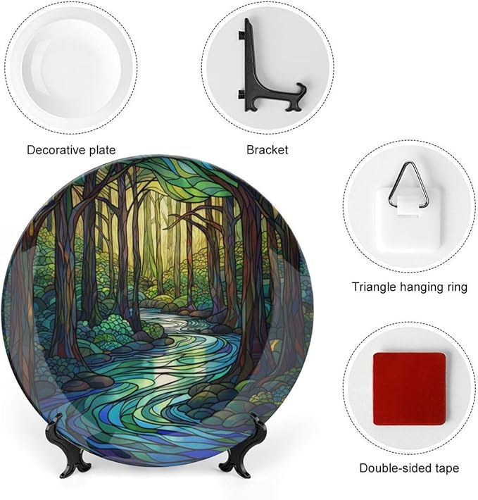 Stained Glass Theme Decorative Ceramic Plate Round Porcelain Plate,8 inch,Sunrise Forest Stream Pattern,for Decorative Ornaments Giving Plates, 1 Plate with 1 Display Stand,Green Blue Gold