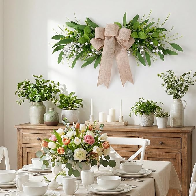 Floral Swag Artificial Green Eucalyptus Swag with Olives Leaves Mixed Berry Front Door Twigs Leaves Greenery Decorative Swag for Farmhouse Wedding Arch Party Wall Home Indoor Outdoor Holiday Decor