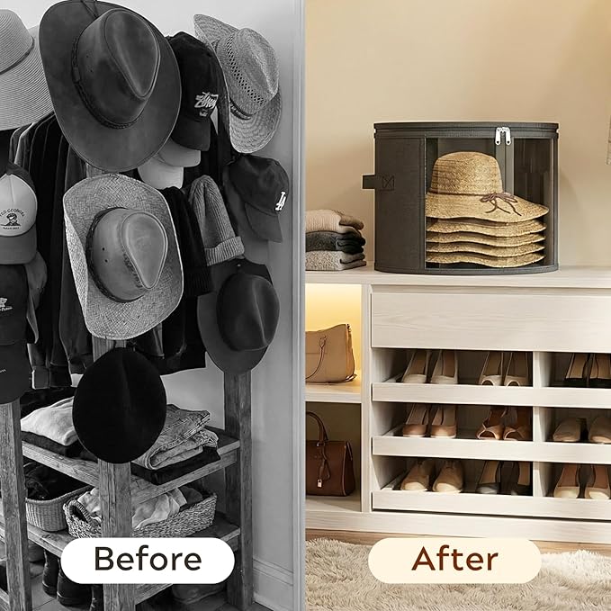 Ofiray-home 2 Pack Large Clear Hat Storage Boxes, Hold up to 7-9 Hats, Hat Organizer for Closet, Durable & Foldable, Hat Box with Carrying Handles for Round Brim, Wide-Brim, Cowboy, Sun Hat (Gray)
