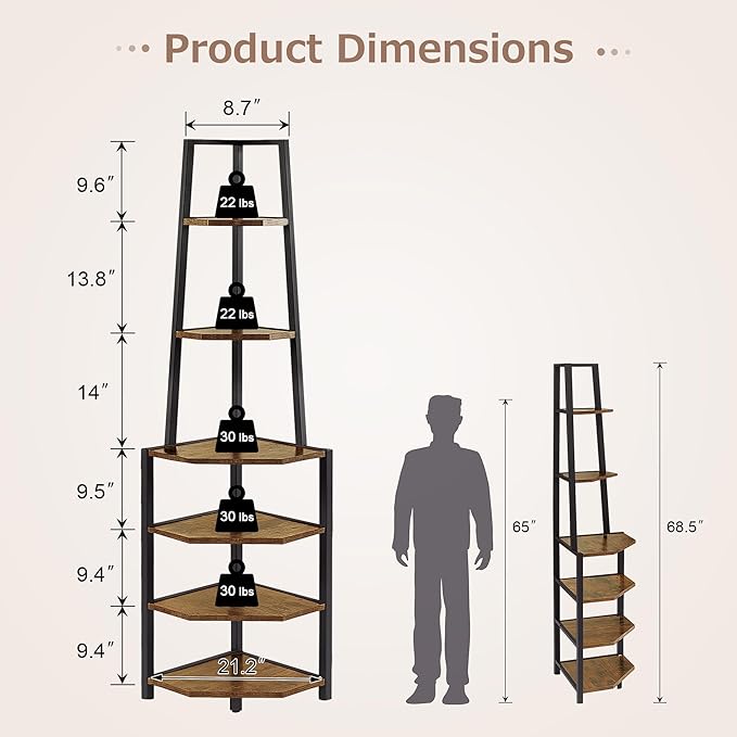 VECELO 6 Tier Corner Shelf 69 Inch Industrial Bookshelf with Metal Frame, Multipurpose Tall Plant Stand with Opening Display Shelves for Living Room, Bedroom, Home Office, Small Space, Brown