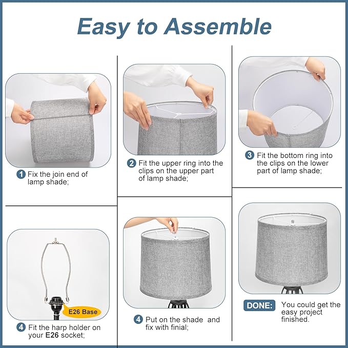 Drum Lampshades Set of 2, 11.6" Top x 12.6" Bottom x 9.8" High Lamp Shades for Table Lamps, Bedside Lamps, Floor Lamps, Gray Fabric Lampshade, Easy Assembly Lamp shade Replacement, Spider Fitter