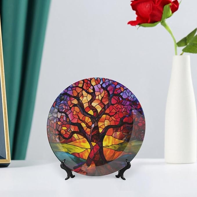 Stained Glass Theme Decorative Ceramic Plate Round Porcelain Plate,7 inch,Tree of Life Pattern,for Decorative Ornaments Giving Plates, 1 Plate with 1 Display Stand,Orange Purple
