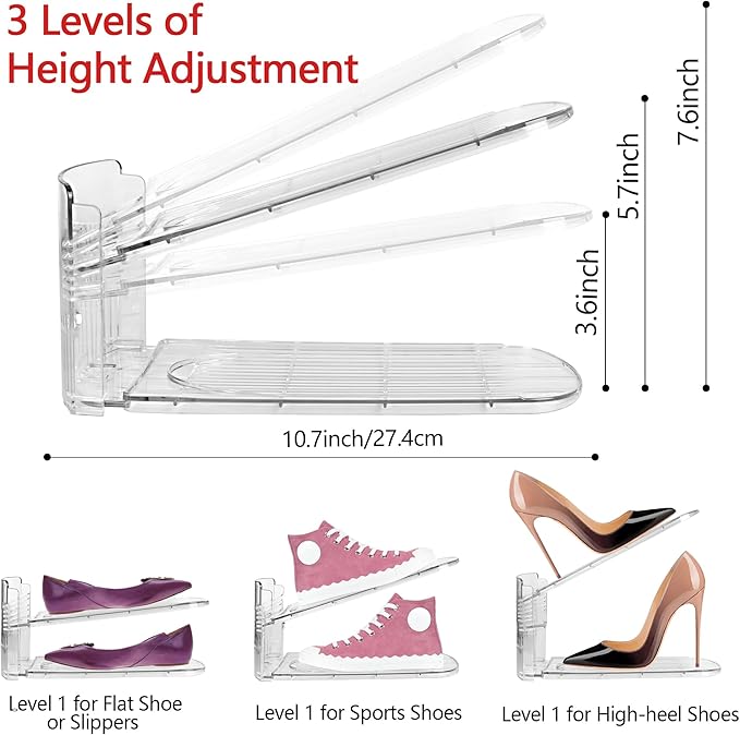 Yes!Fresh Shoe Slots Organizer, Boutique Display Style Shoe Stacker for A Pair of Shoes, Separable Shoe Rack for Closet Organization, 3 Adjustable Narrow Shoe Rack (Clear, 2 Pack)